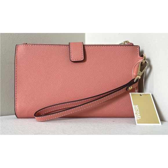New Michael Kors Jet Set Travel Double zip wristlet Saffiano Leather Sherbert - Picture 2 of 5